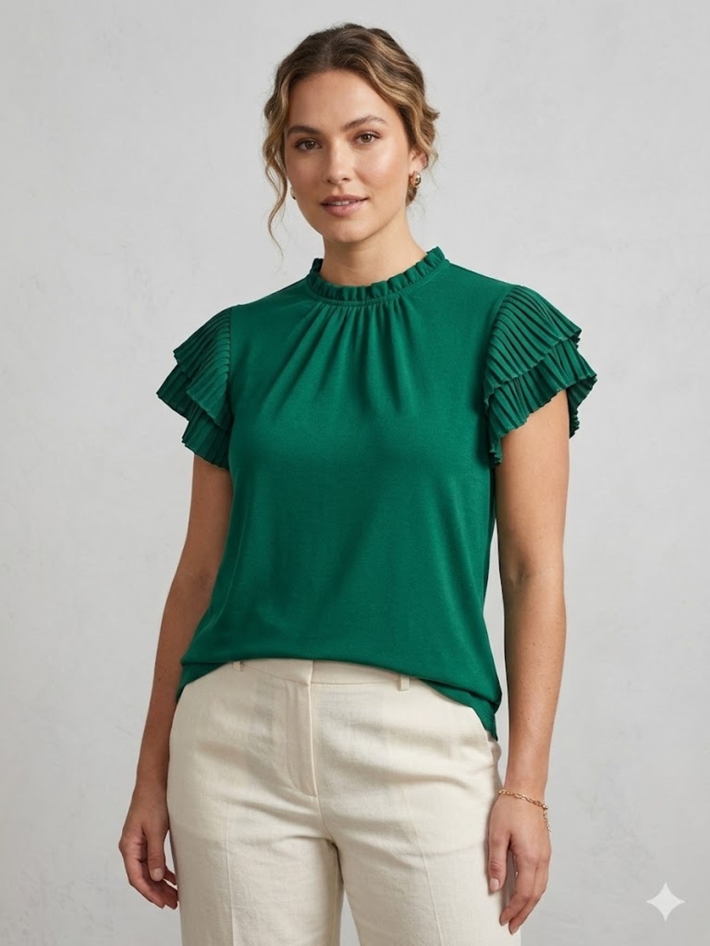 Adrianna Papell Emerald Green Ruffle Sleeve Blouse, Women’s Size Medium